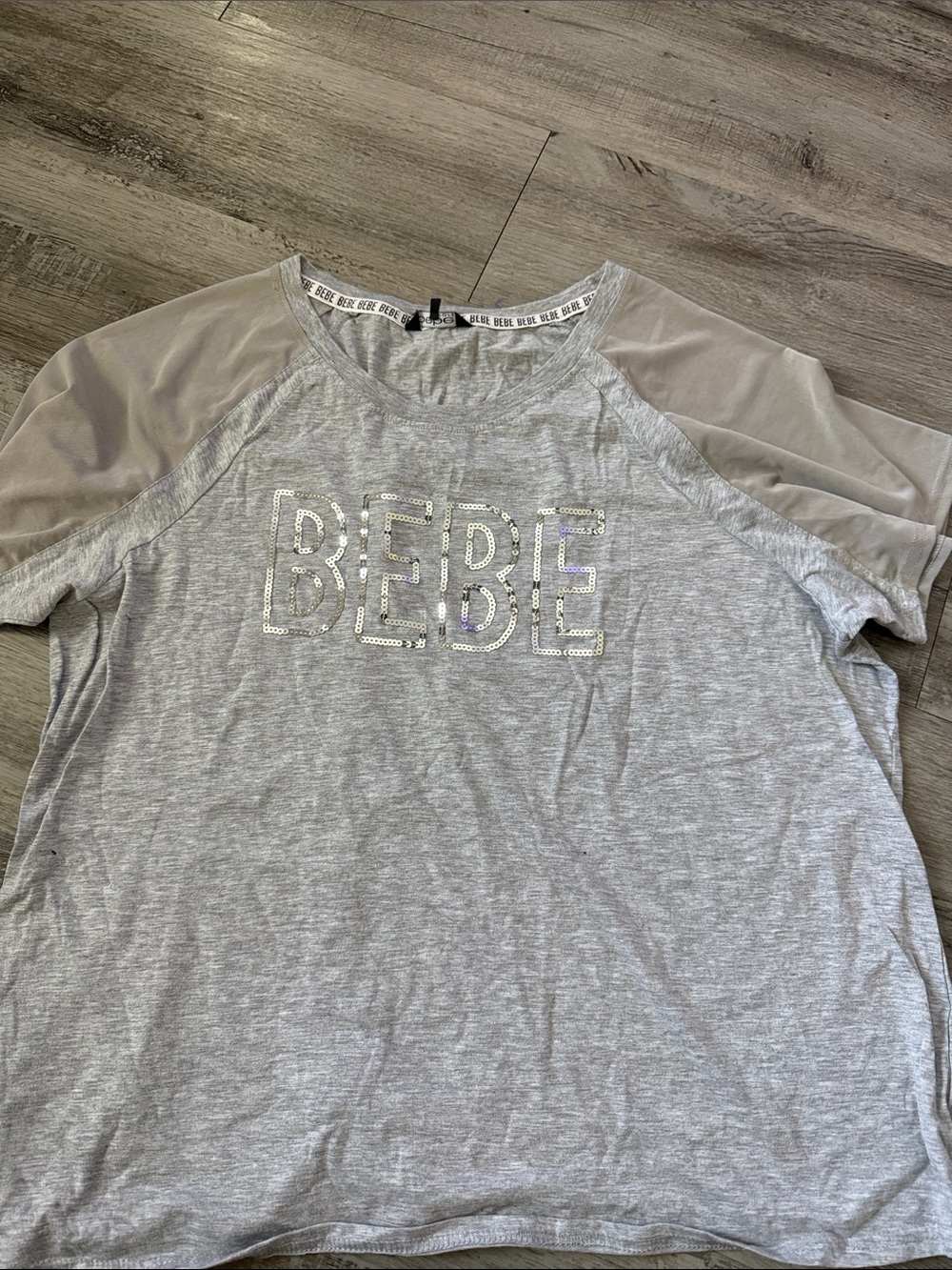 bebe Grey Sheer-Sleeve Tee with Embellished Logo
